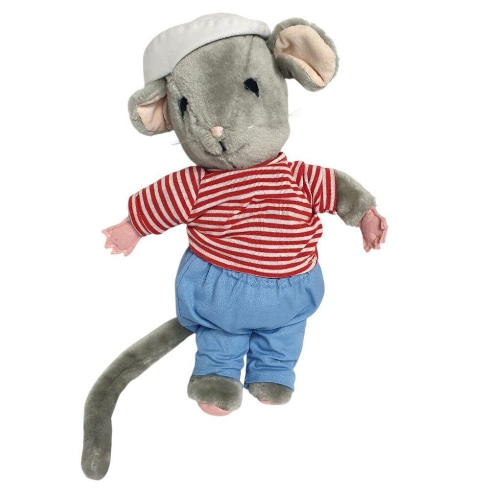 VTG Velveteen Mouse 12" Stuffed Animal Sailor Hat Striped Shirt 1981 RARE HTF